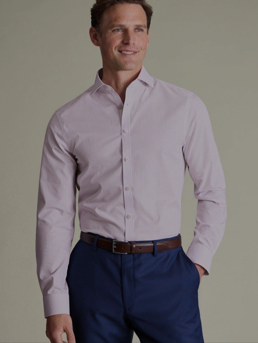 CHARLES TYRWHITT White Dress Shirt with Lilac Mini Check Non-Iron Twill Shirt